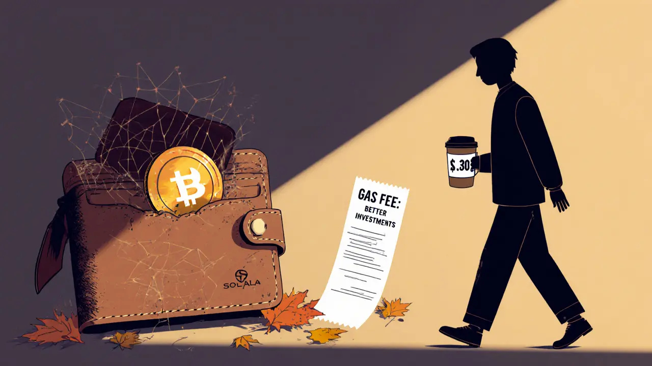 An old digital wallet holds millions of forgotten SOLALA tokens, buried under dust and leaves, as someone walks away with coffee.