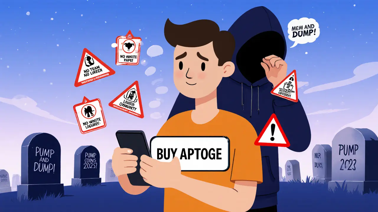 Beginner investor surrounded by warnings as shadowy figure whispers pump-and-dump