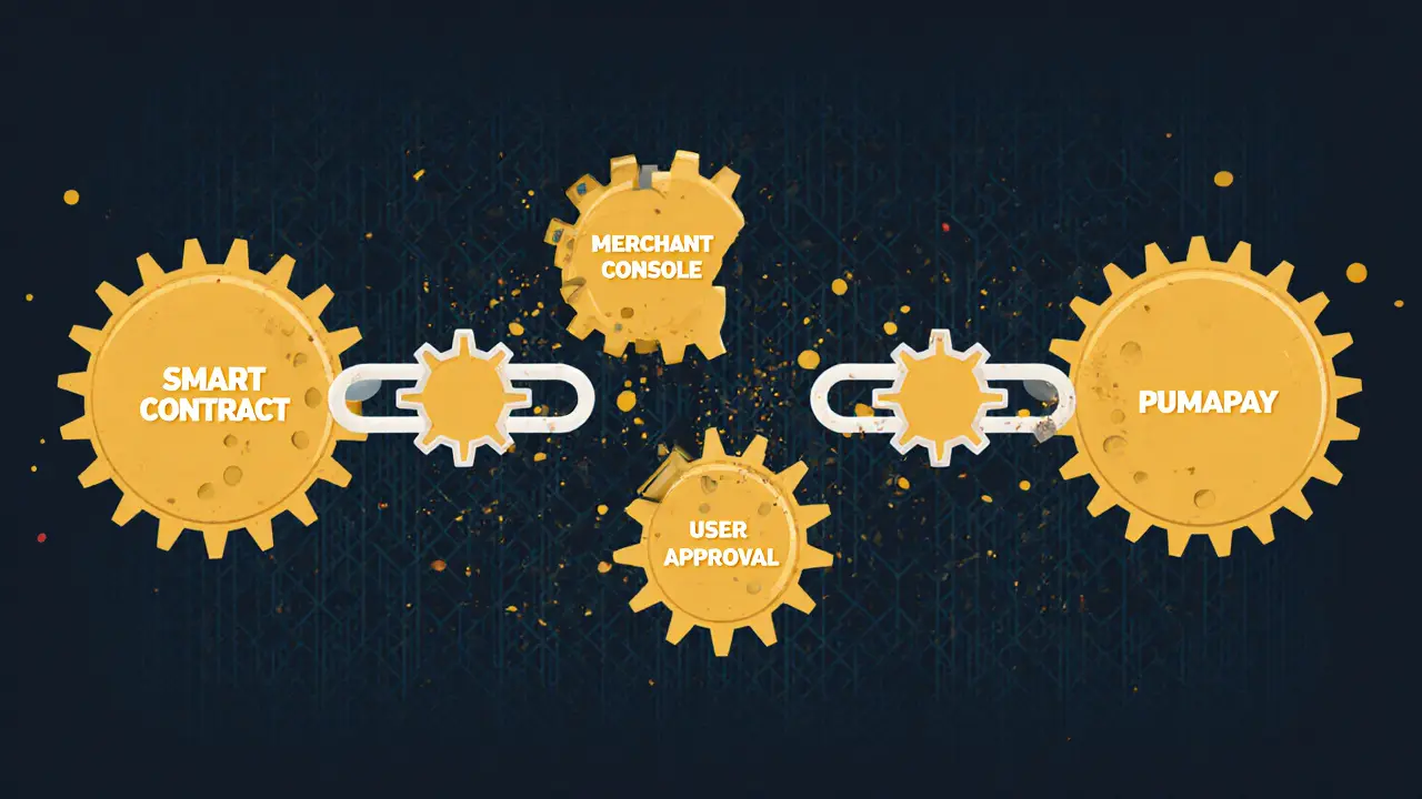 Broken gears labeled smart contract and merchant console, symbolizing PumaPay&#039;s collapsed system