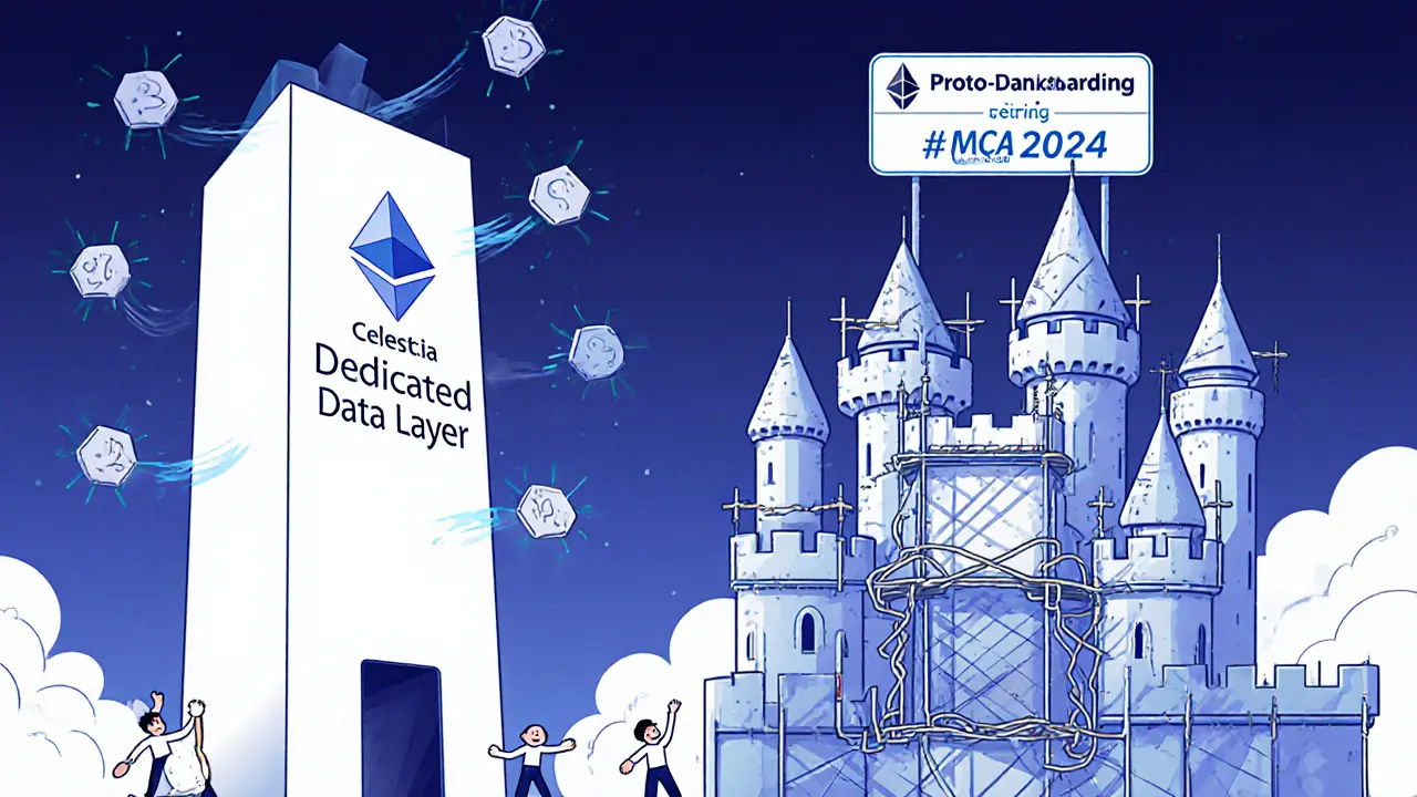 Celestia and Ethereum as buildings in a blockchain ecosystem, with data flows, developer struggles, and MiCA regulation.