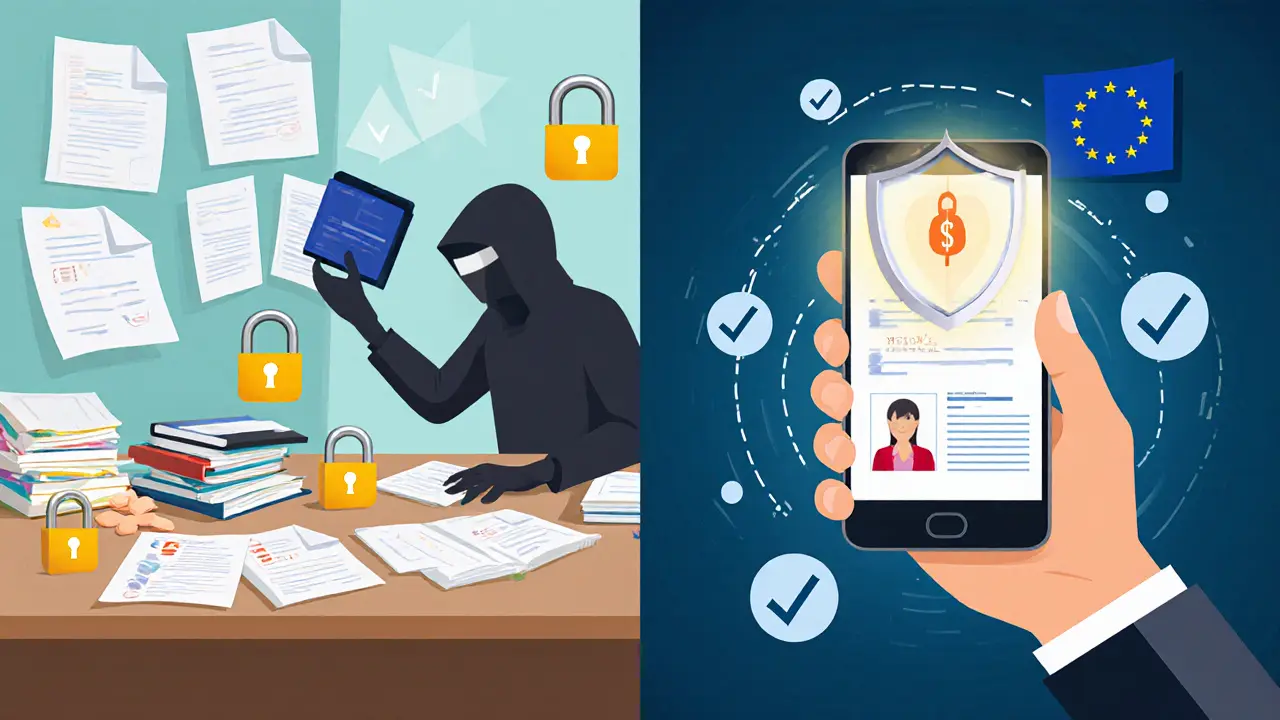 Contrast between chaotic paper-based identity systems and secure digital wallet with verified credentials.