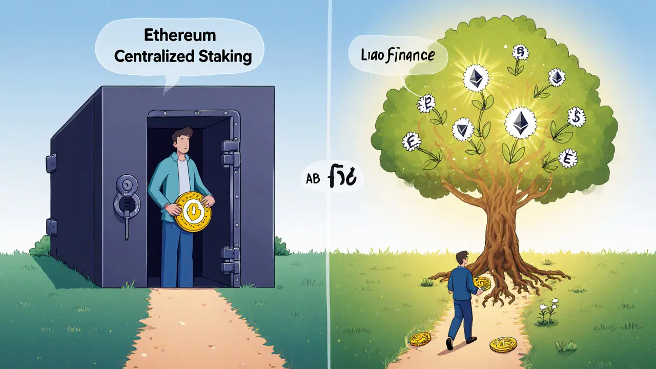 Contrasting centralized staking vault with open Lido Finance garden where stETH tokens bloom into DeFi flowers