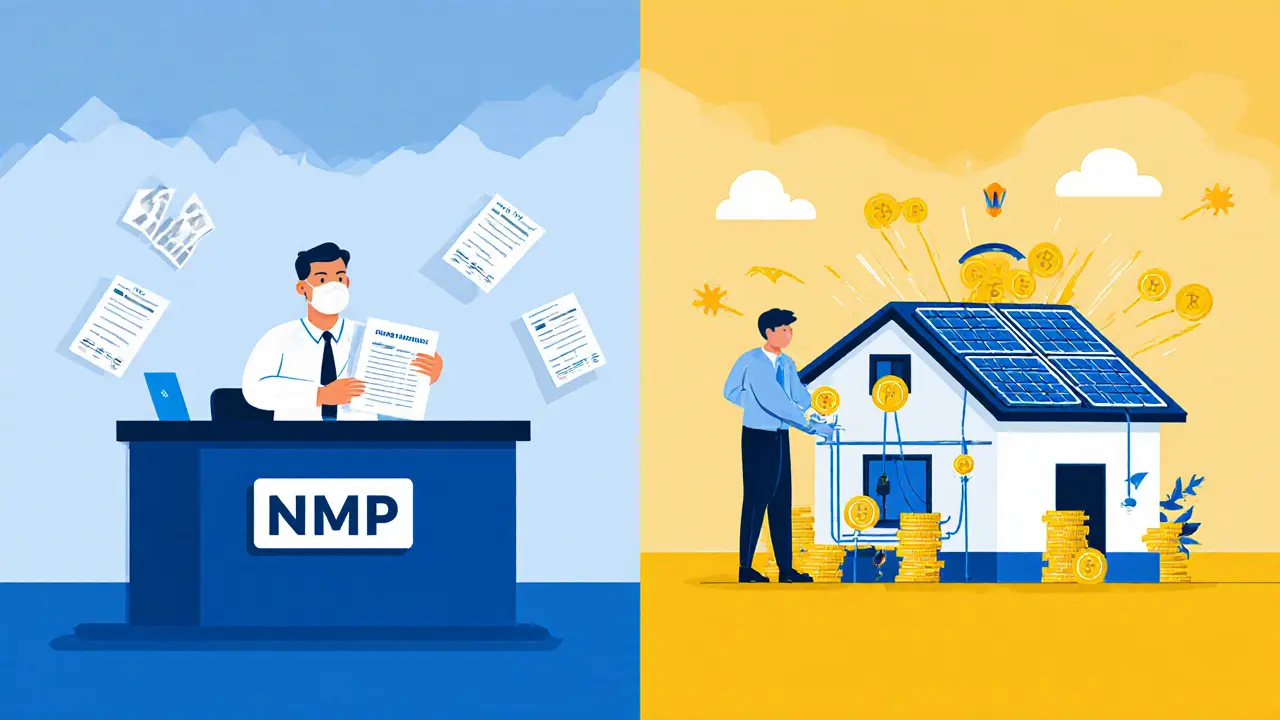 Contrasting scenes: bureaucratic miner submitting paperwork vs. underground miner using solar panels to mine crypto.