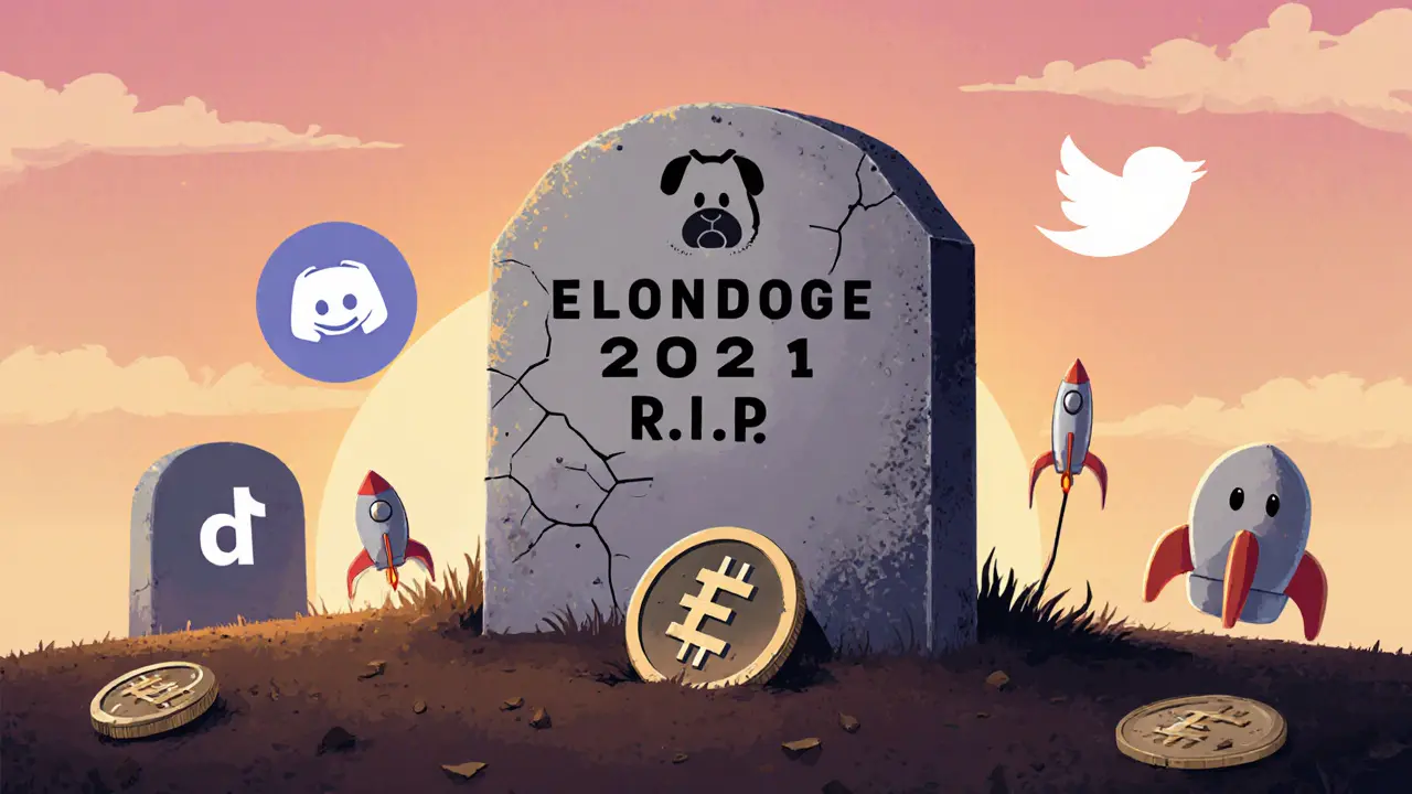Faded tombstone for ElonDoge with a lone token and silent social media icons in the background