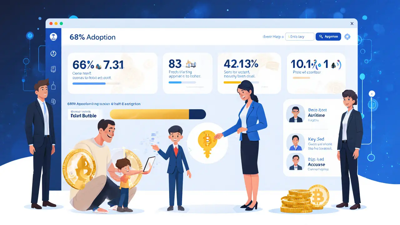 Family using social recovery to access a smart wallet with trusted contacts, while enterprise users manage batch transactions.