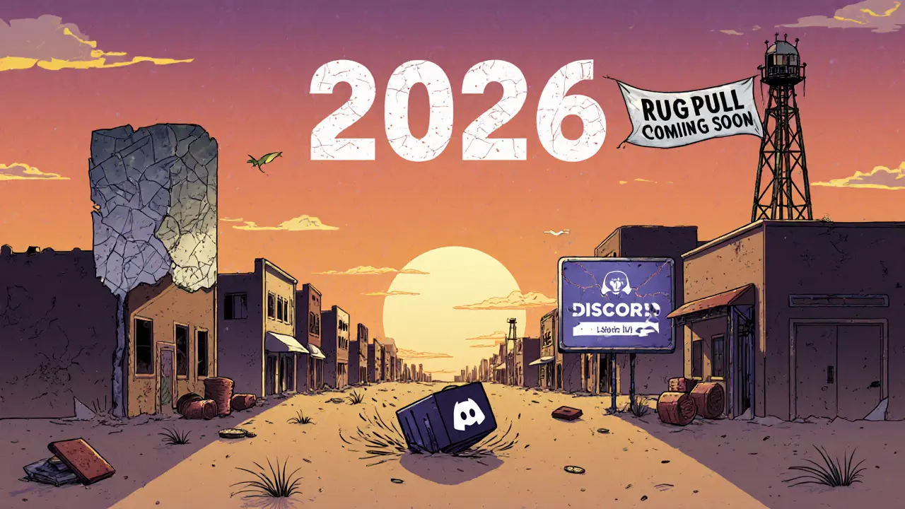 Ghost town of crypto symbols with abandoned platforms and a fading &#039;2026&#039; sky, symbolizing Zeddex&#039;s collapse.