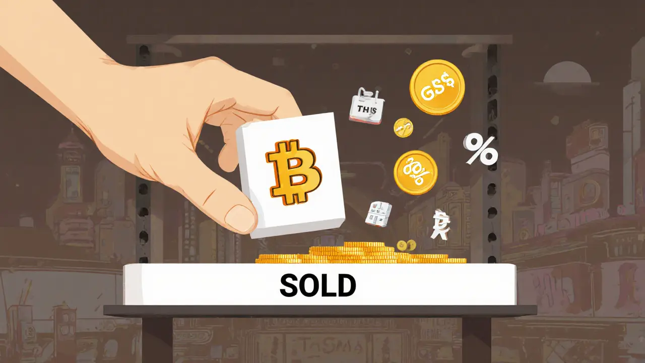 Hand listing an NFT for sale with fee icons floating away, digital venues in background.