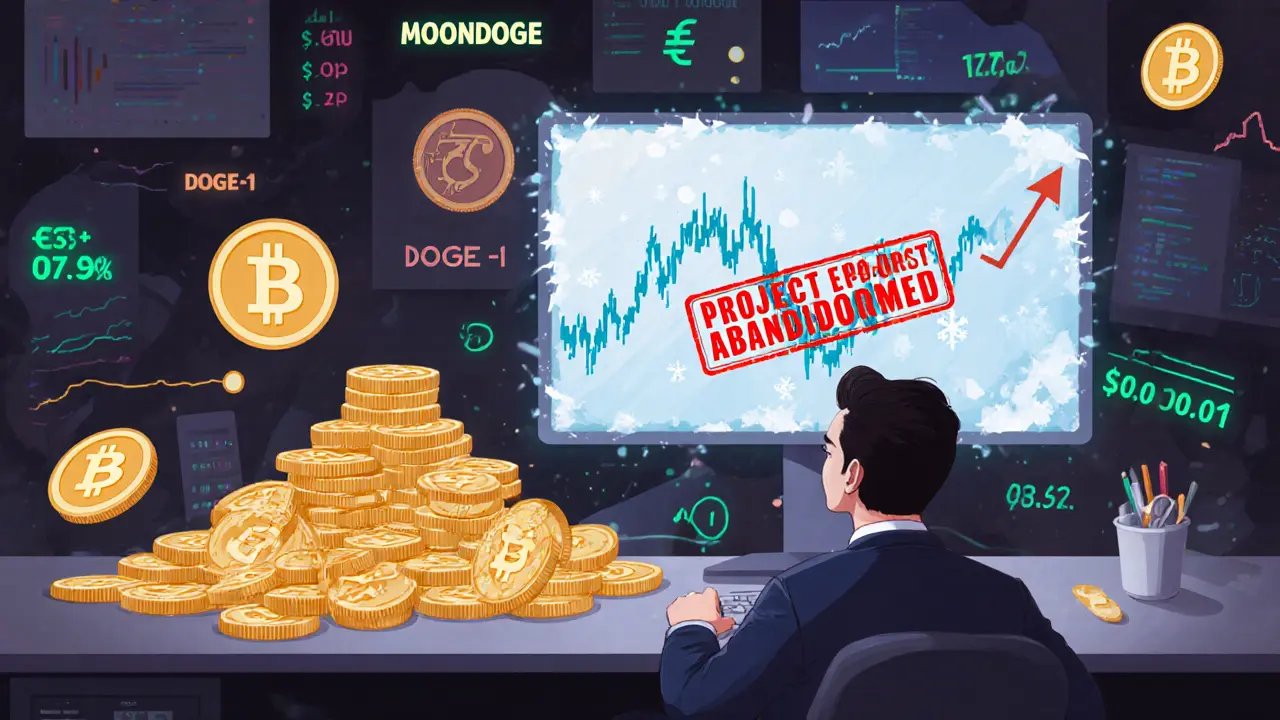 Investor staring at a frozen EDOGE price chart while other memecoins thrive in the background