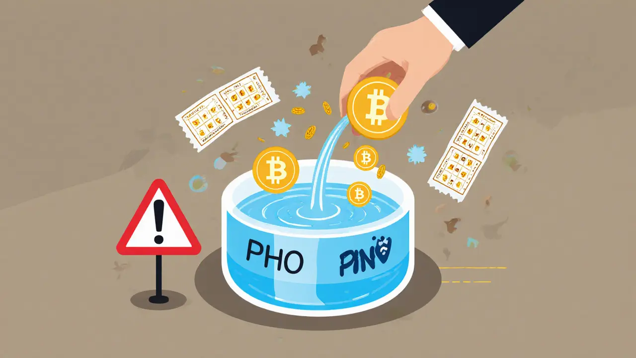 Liquidity pool earning PHO rewards with lottery tickets and caution sign