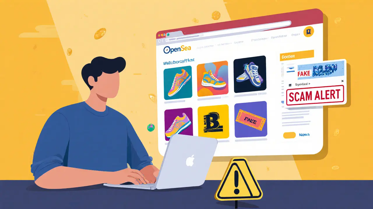 Person browsing NFT marketplace with fake site warning, colorful digital assets floating nearby.