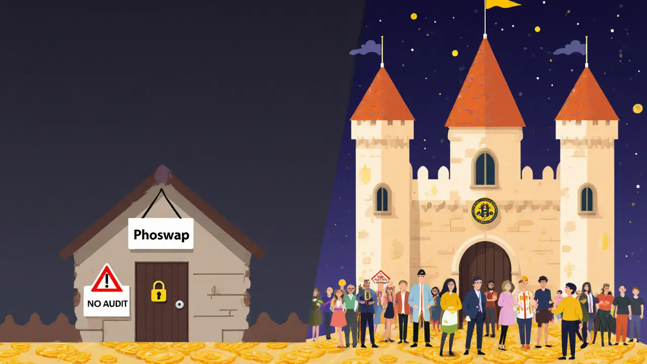 Phoswap as an unsecured cabin compared to PancakeSwap as a secure castle on blockchain road