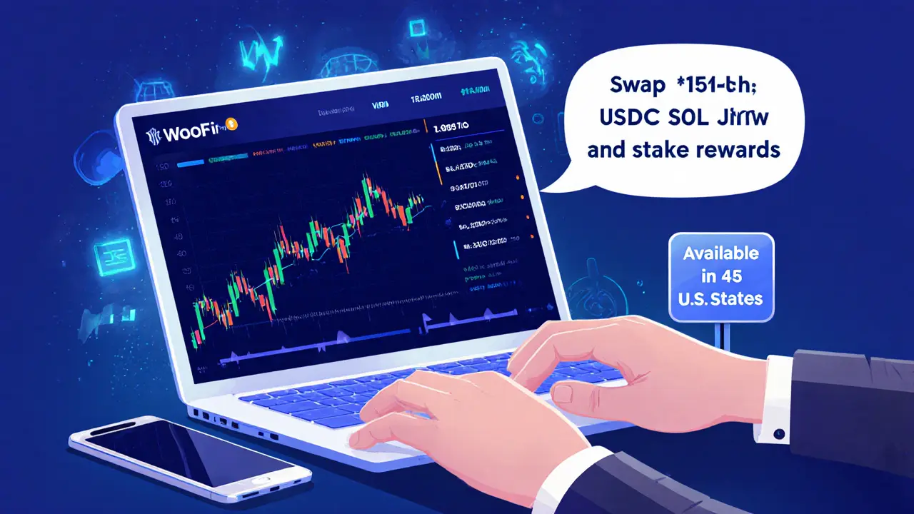Professional trader using WOOFi Pro with AI voice command and futures chart, mobile phone unused