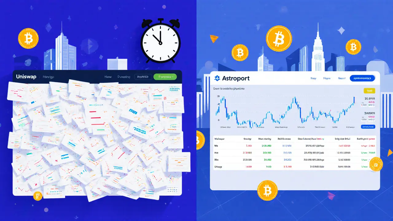 Side-by-side comparison of cluttered Uniswap interface versus clean Astroport order book with high liquidity.