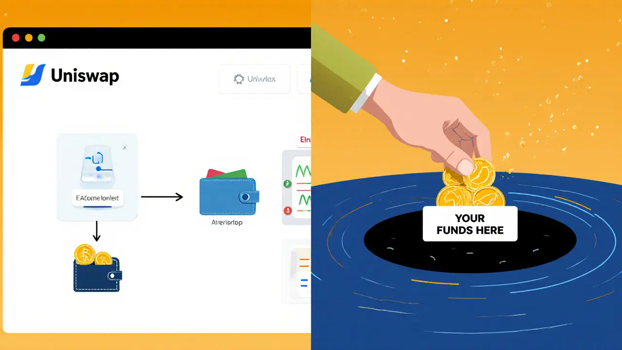 Split illustration: left shows secure decentralized trading, right shows funds vanishing into a black hole.