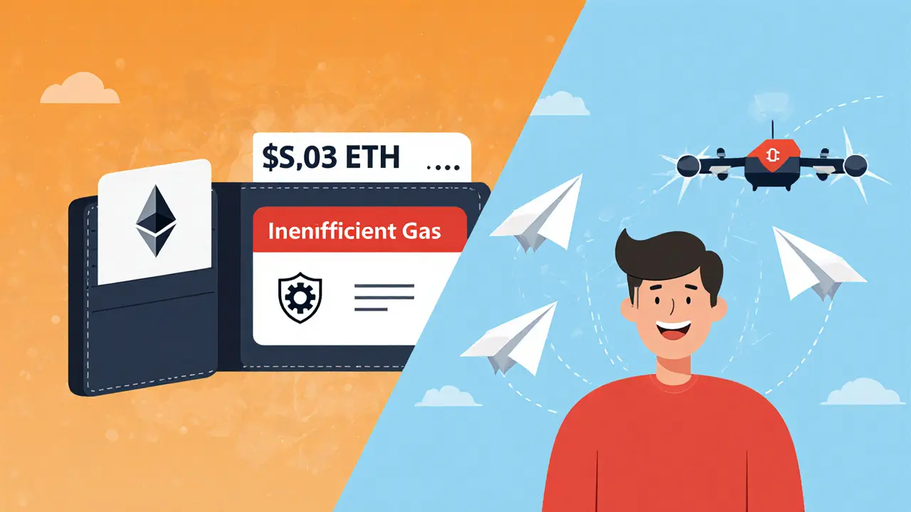 Split scene: frustrated user with low ETH vs. happy user with gasless USDC payment via smart account.