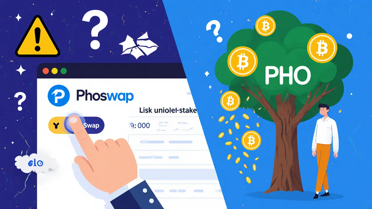 Split scene showing risk of swapping on Phoswap vs earning rewards through farming