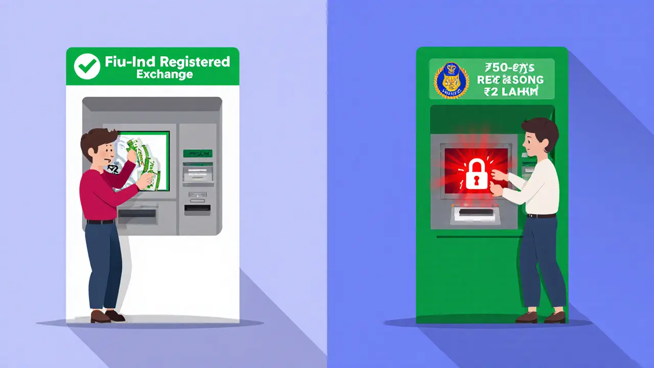 Split scene: small crypto withdrawal approved vs large one blocked with red lock