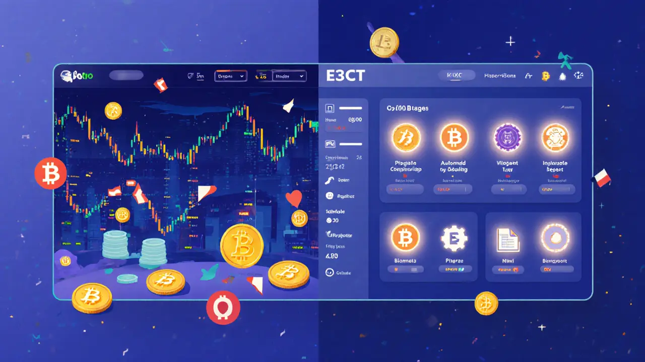 Split-screen showing chaotic trading on one side and a calm compliance dashboard with automated regulatory tools on the other.