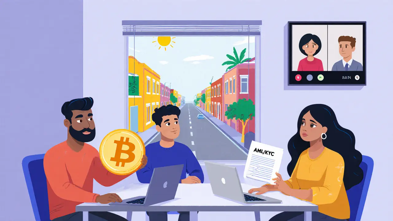 Three entrepreneurs work in a Costa Rican startup office, one dealing with crypto compliance and bank hesitation.