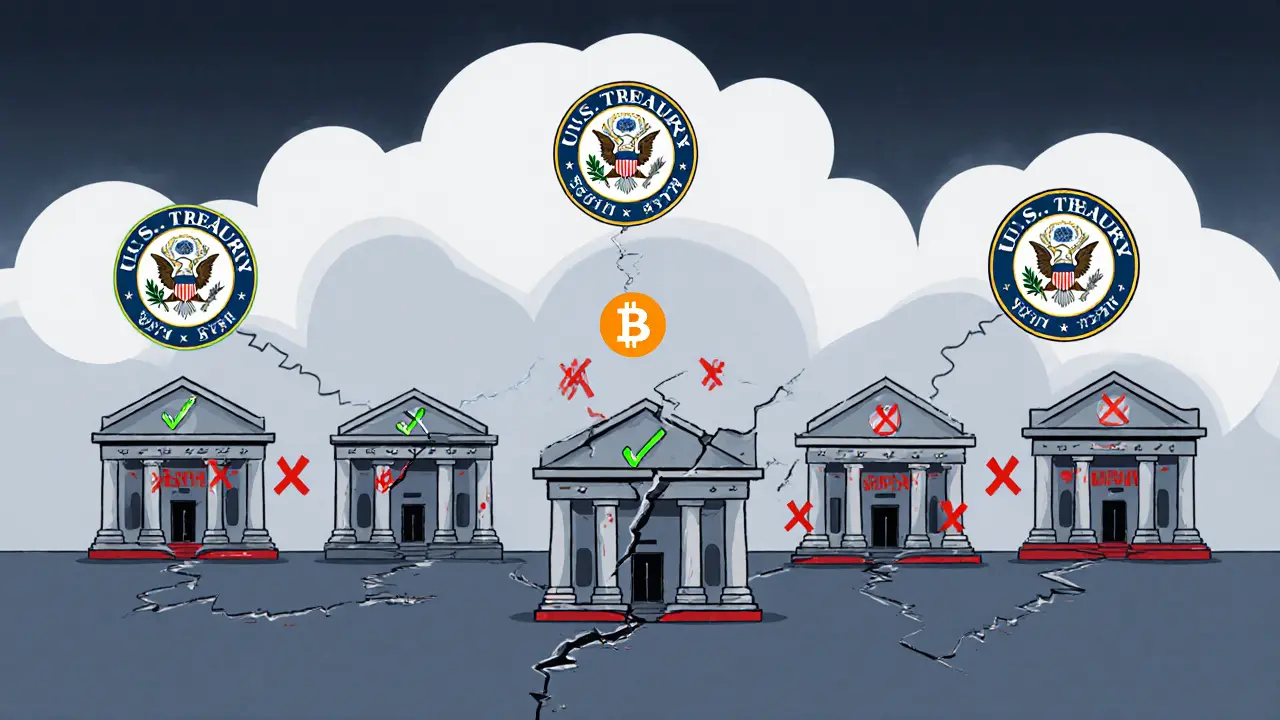 Three Syrian banks connected to crypto while nine are blocked, with U.S. Treasury seals looming above.