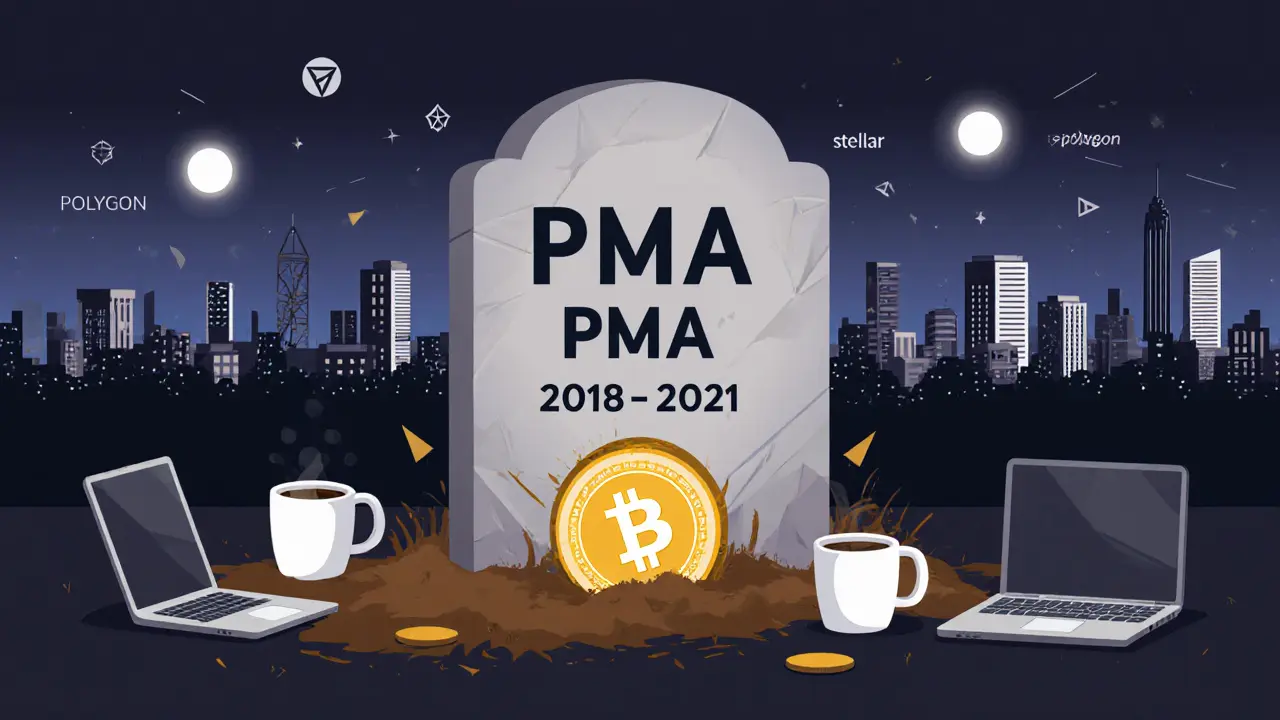 Tombstone for PumaPay with fading token and thriving crypto projects in distance