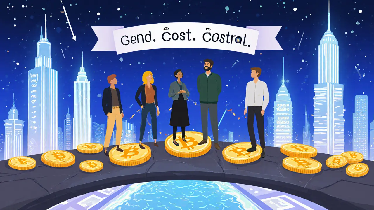 Traders crossing a bridge of INJ tokens toward a futuristic DeFi city with trading towers and liquidity pools.