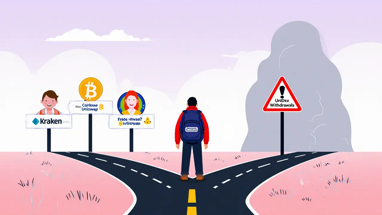 Traveler choosing between safe crypto exchanges and a dead-end path labeled UniDex.
