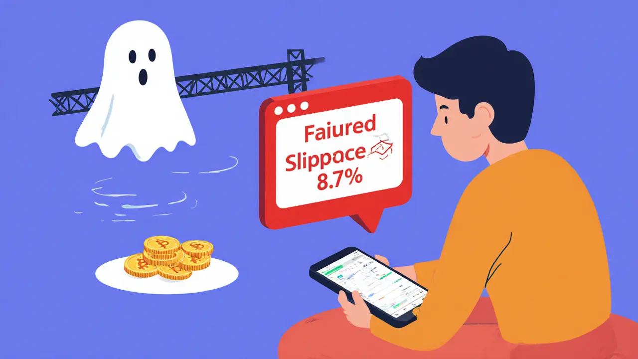 User facing a failed trade with 8.7% slippage, a ghostly cross-chain bridge floating uselessly behind them.