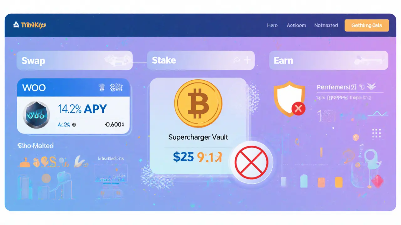 User staking WOO tokens with 14.2% APY and auto-compounding vault in a clean interface