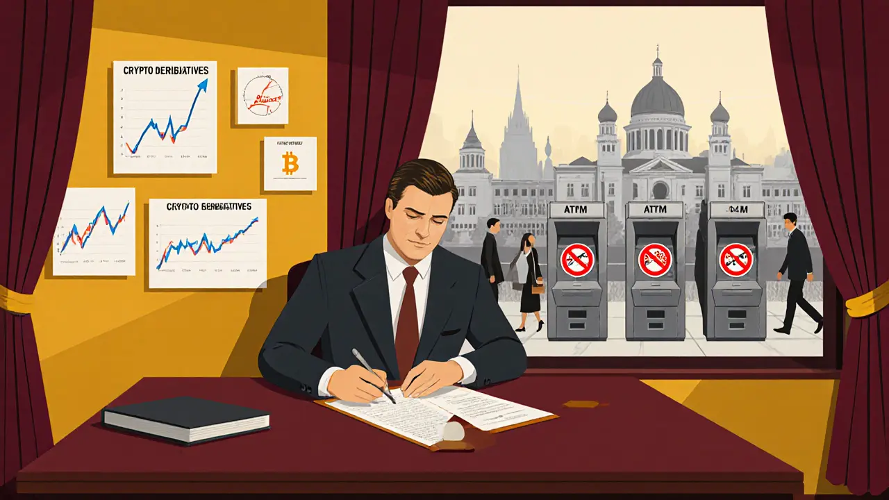 Wealthy investor signing crypto derivatives contract while ordinary people face banned crypto ATMs