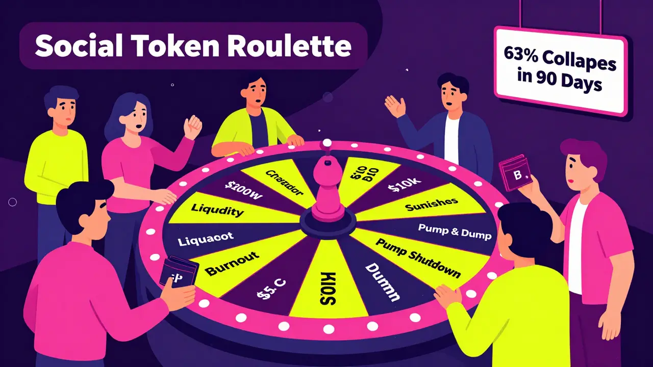 A casino wheel labeled with social token risks, spinning as confused investors reach for it.