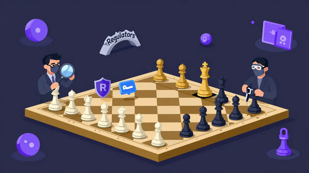 A chessboard with crypto wallets and AI tools as pieces, pitting regulators against anonymous actors in a battle over sanctions.