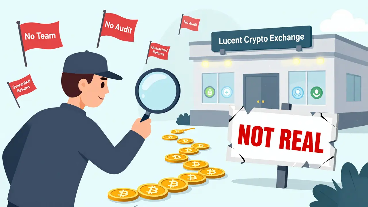 A detective investigating a dead-end scam sign labeled Lucent Crypto Exchange surrounded by red flags.