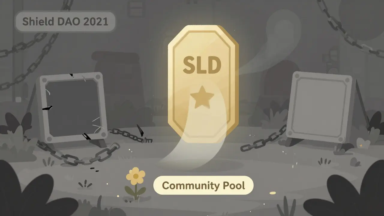 A faded SLD token above a quiet digital garden, symbolizing the legacy of Shield DAO's 2021 airdrop and community reinvestment.