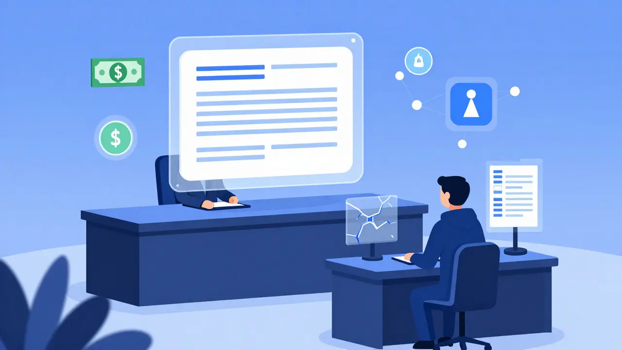 A floating smart contract in a courtroom, with a developer beside it and stolen funds floating around.