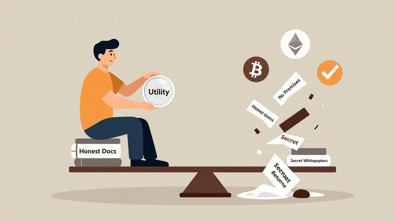 A founder places a transparent token on a scale balanced by honesty and no false promises.