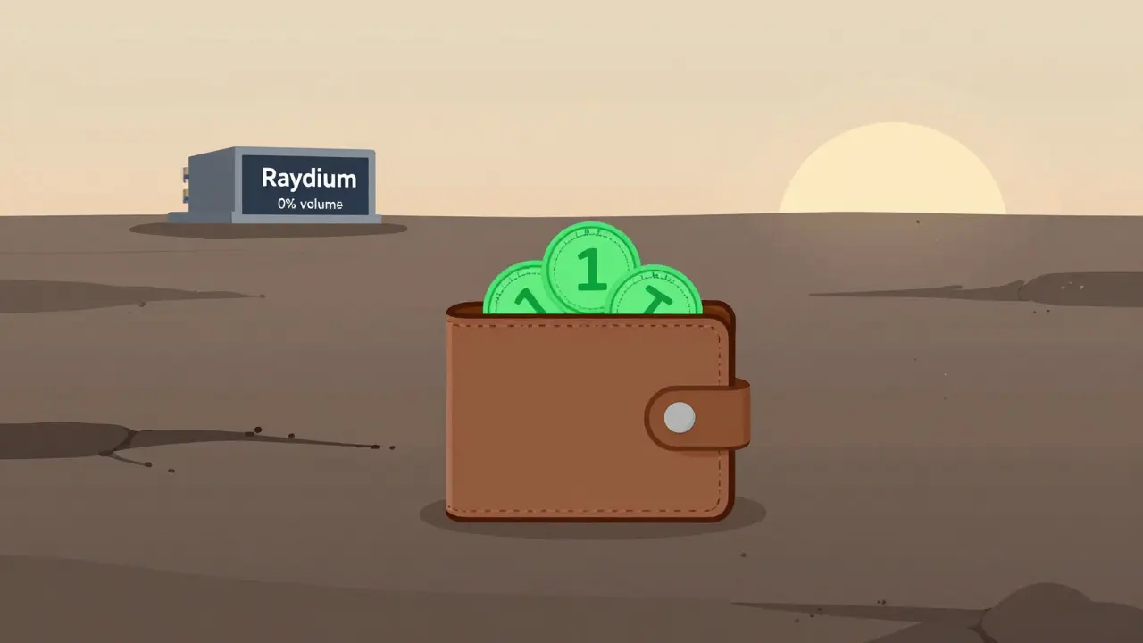 A lone wallet holds billions of BRICK tokens in a barren digital wasteland with a &#039;0% volume&#039; sign in the distance.