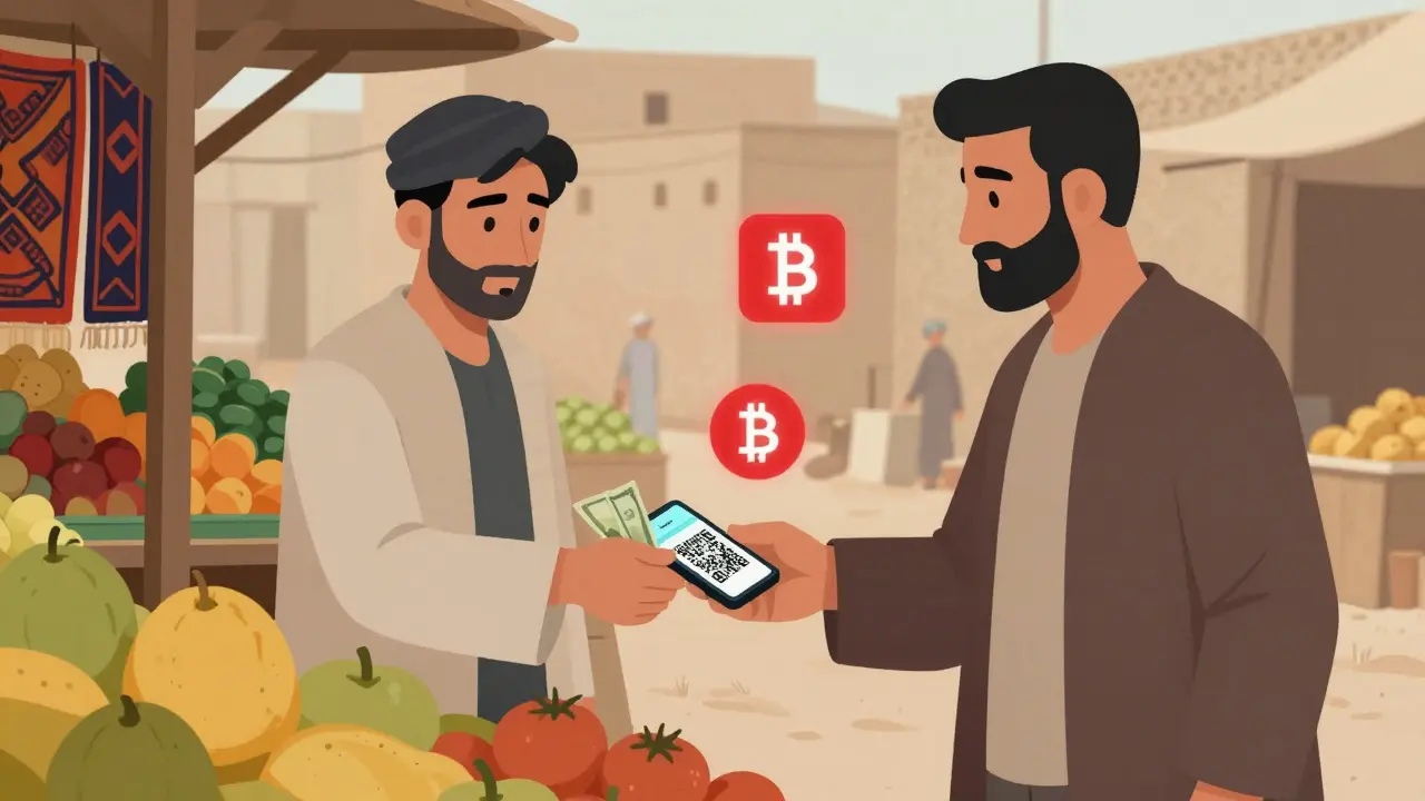A secret crypto exchange takes place at a market stall with cash handed over in secret.