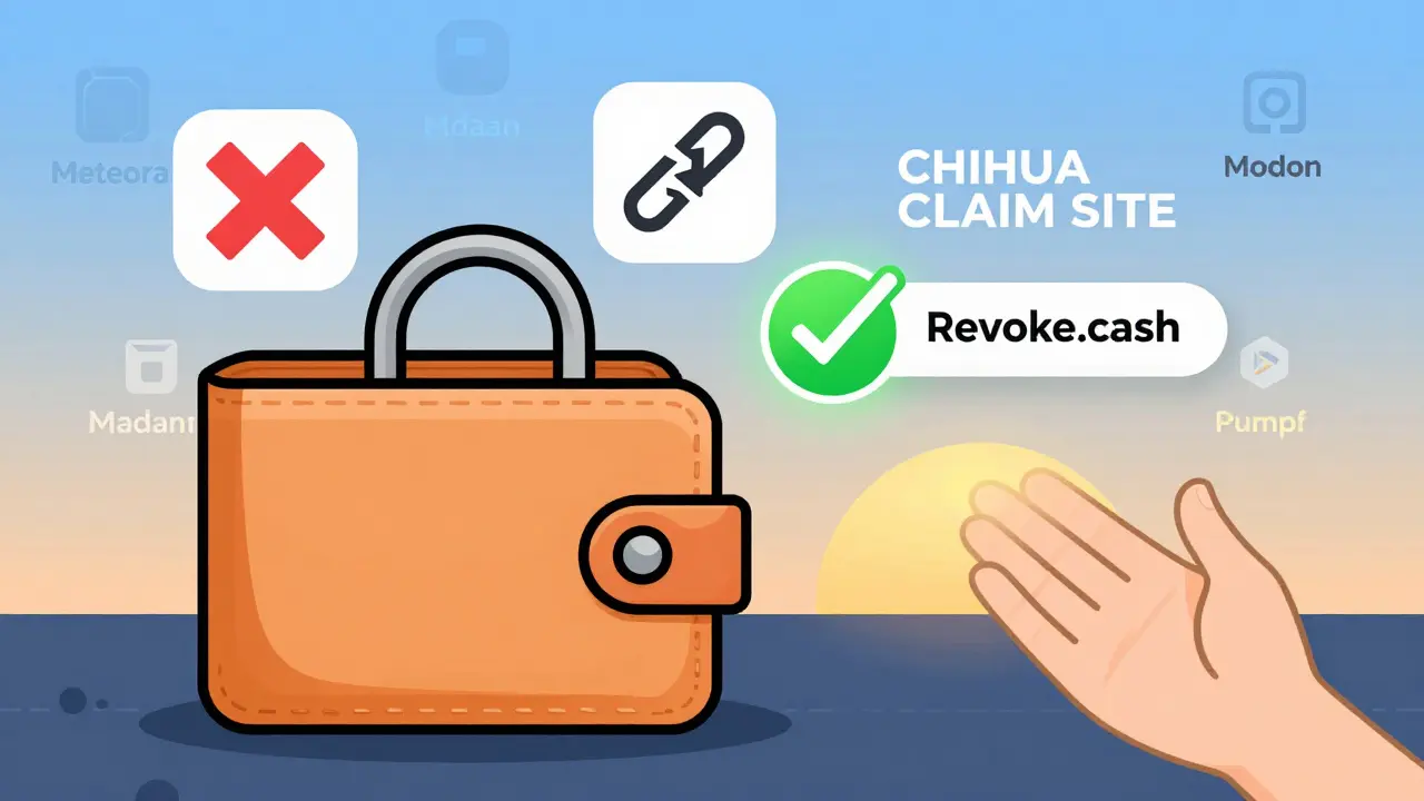 A secure digital wallet rejecting scam links and moving toward legitimate 2025 airdrop projects under a sunrise.