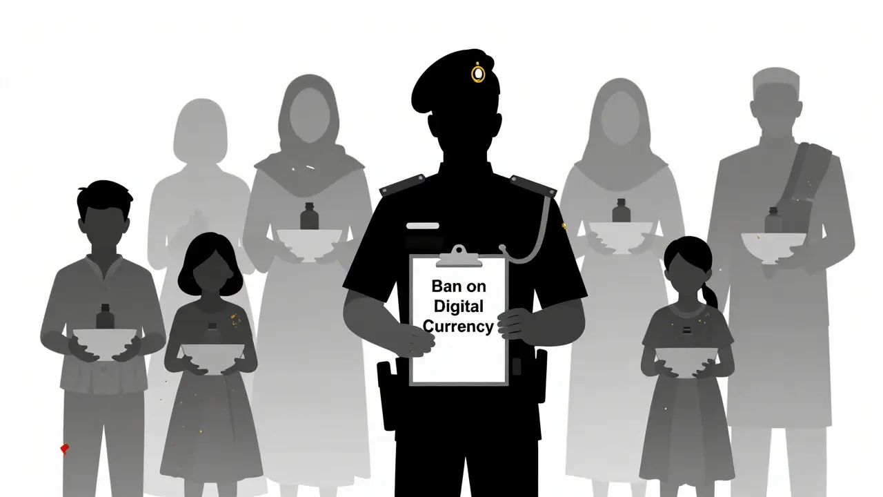 A Taliban officer enforces the crypto ban as ghostly figures of struggling families fade away.