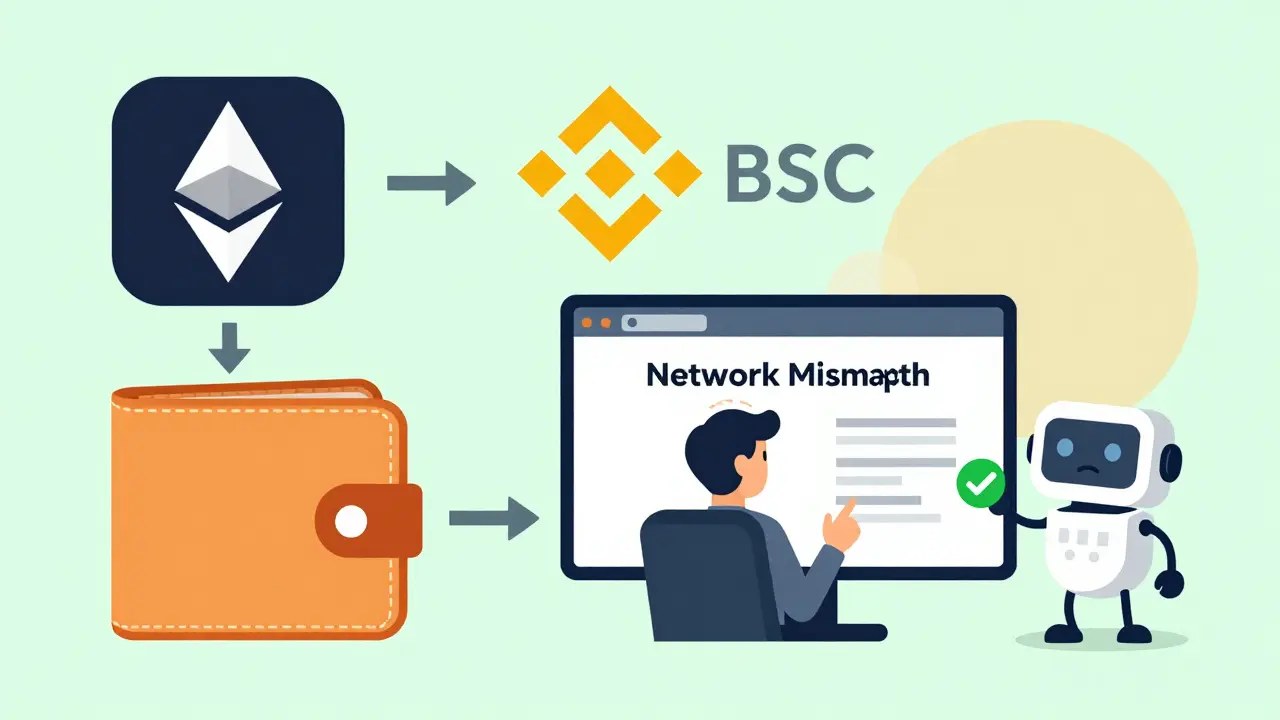 A wallet transitioning from Ethereum to Binance Smart Chain with a confused user and a helpful robot guiding the network switch.