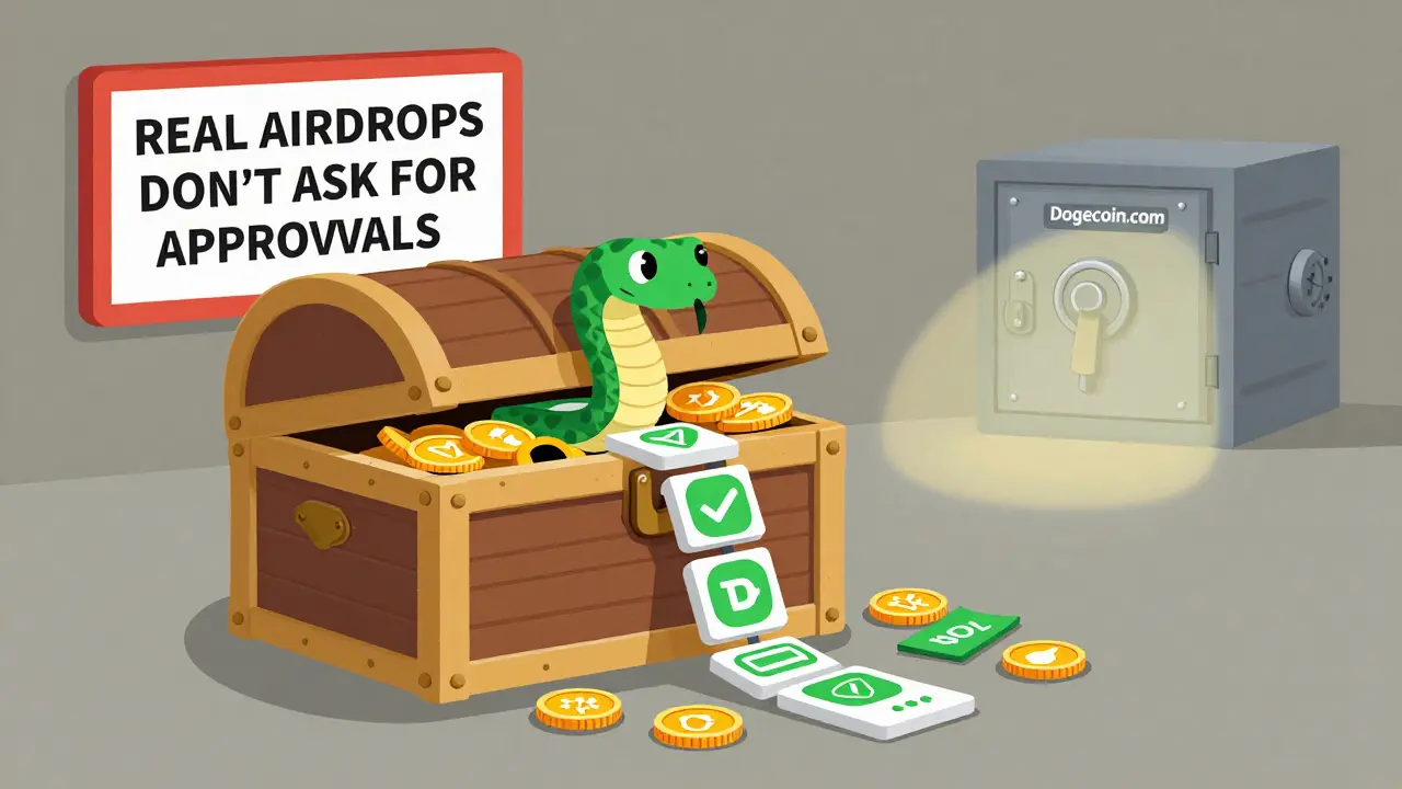 A wallet treasure chest being drained by approval buttons shaped like a snake, with a warning sign and safe Dogecoin site in background.
