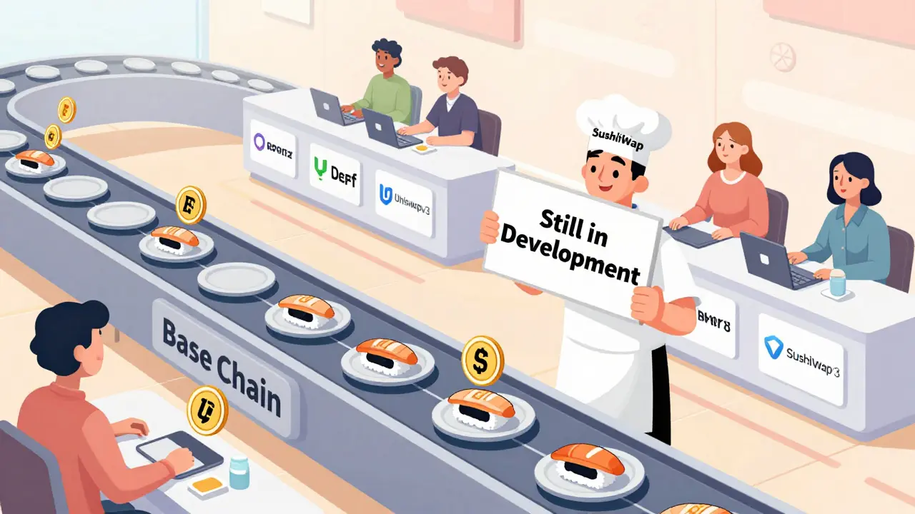 Blank sushi plates on a Base Chain conveyor belt while real DeFi platforms serve customers nearby.