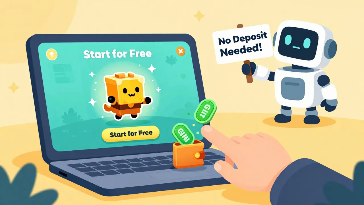 Cartoon gamer activating a free Bonus Miner on Miner Wars, with GOMINING tokens dropping into a wallet on screen.