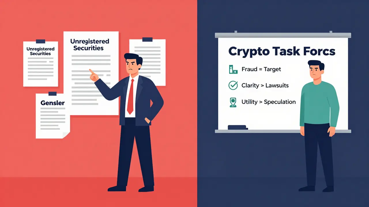 Contrasting scenes: strict enforcement vs. calm rule-making for crypto regulation.