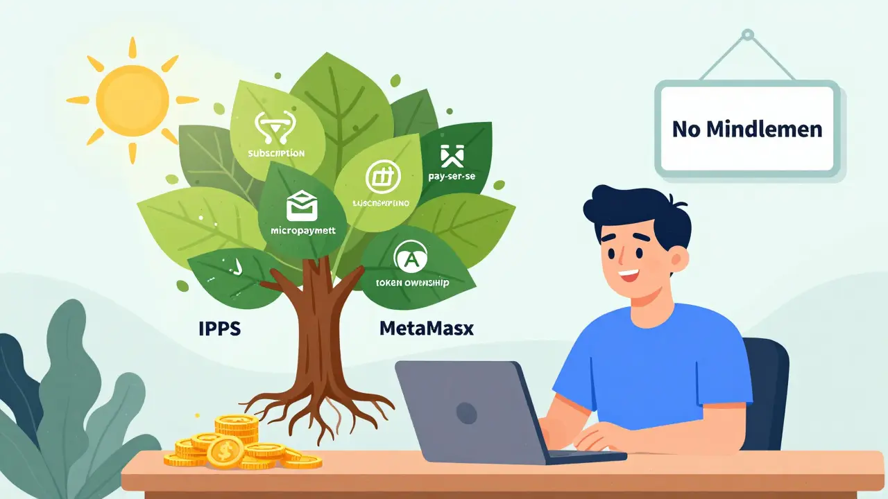 Creator's content grows into a tree with NFT leaves representing monetization models.