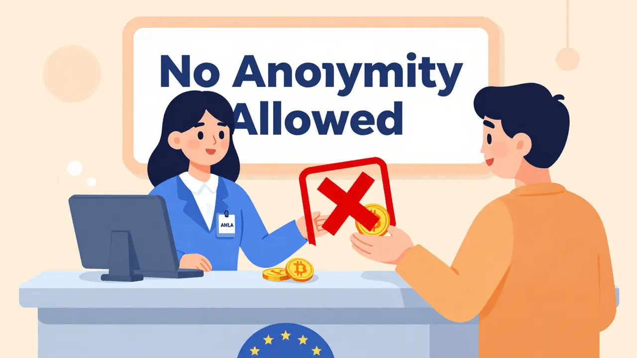 EU bank teller rejecting privacy coins while accepting Bitcoin and Ethereum, with 'No Anonymity Allowed' sign on wall.