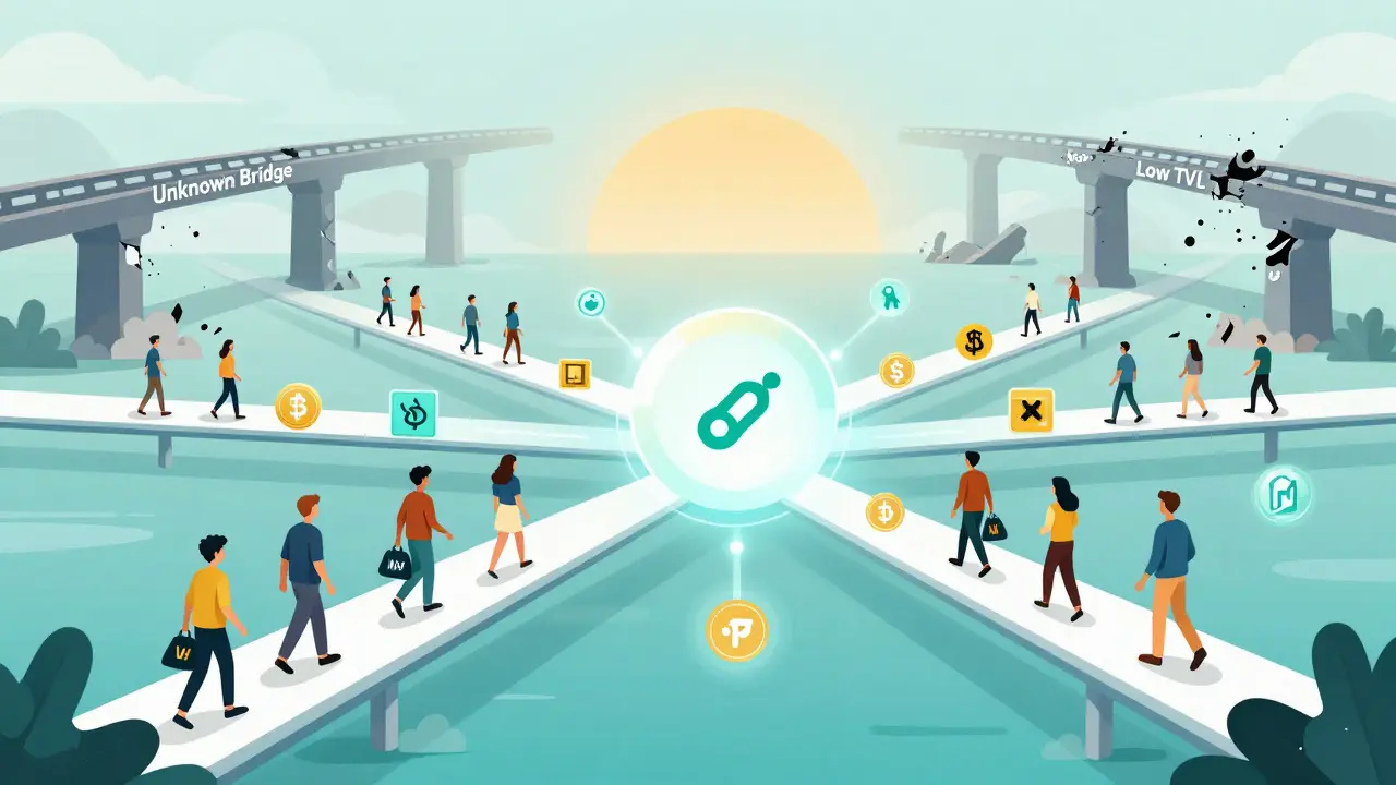 Futuristic universal bridge connecting multiple blockchains while outdated ones crumble behind