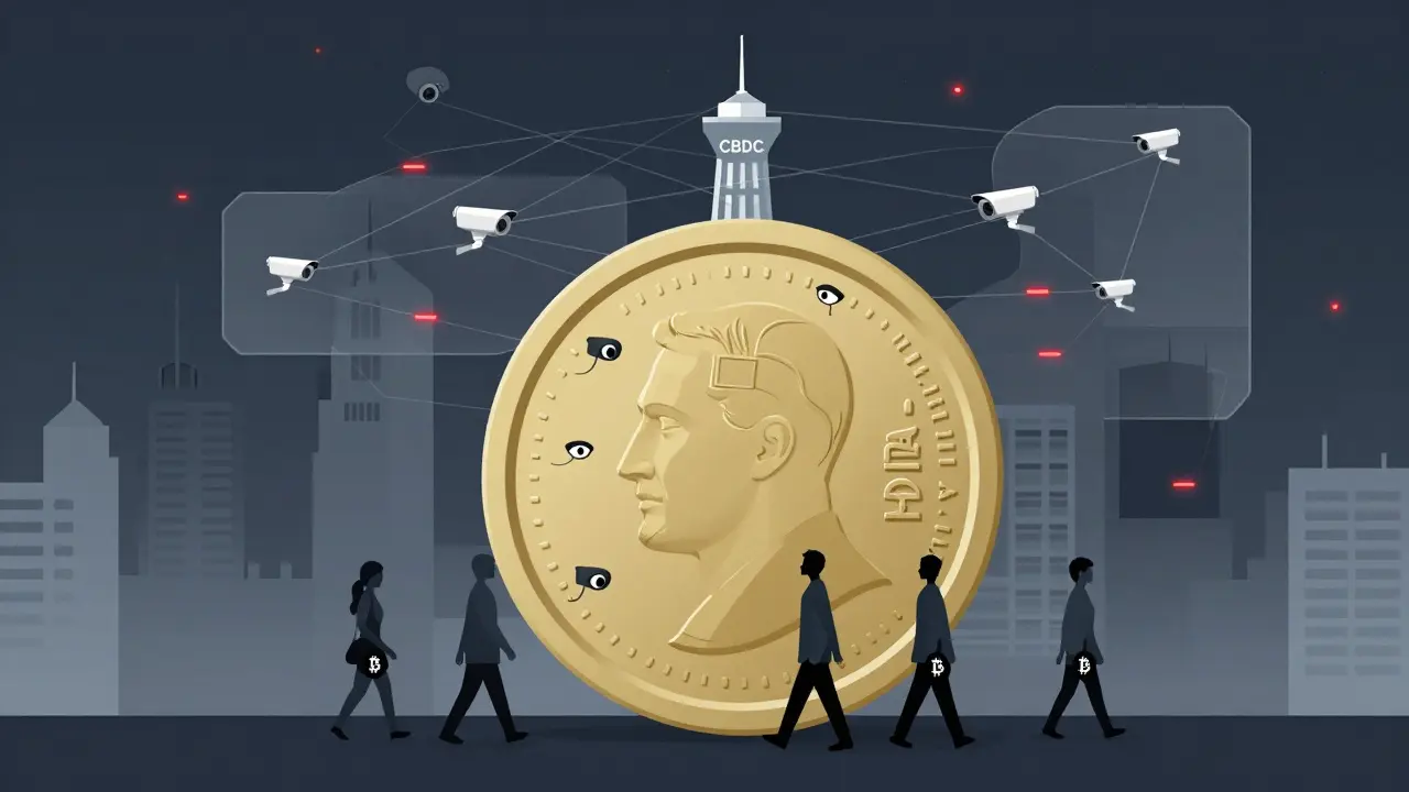 Giant digital dinar coin with surveillance eyes controls city, while crypto hides in pockets.