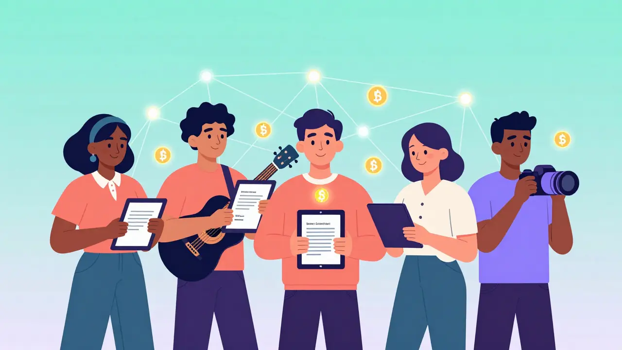 Global creators connected by glowing smart contract payments across a digital network.